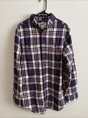 Duluth Trading Co Navy, White & Red Plaid Button-Up Shirt